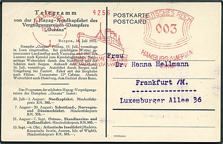 3 pfg. Hamburg Amerika Linie firmafranko frankeret Telegram-meddelelse fra S/S Oceana i Bergen d. 16.7.1932 sendt som tryksag fra Hamburg d. 18.7.1932 til Frankfurt. 