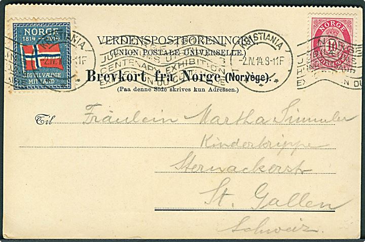 10 øre Posthorn og 100 års Jubilæumsmærkat på brevkort fra Kristiania d. 2.4.1914 til St. Gallen, Schweiz.