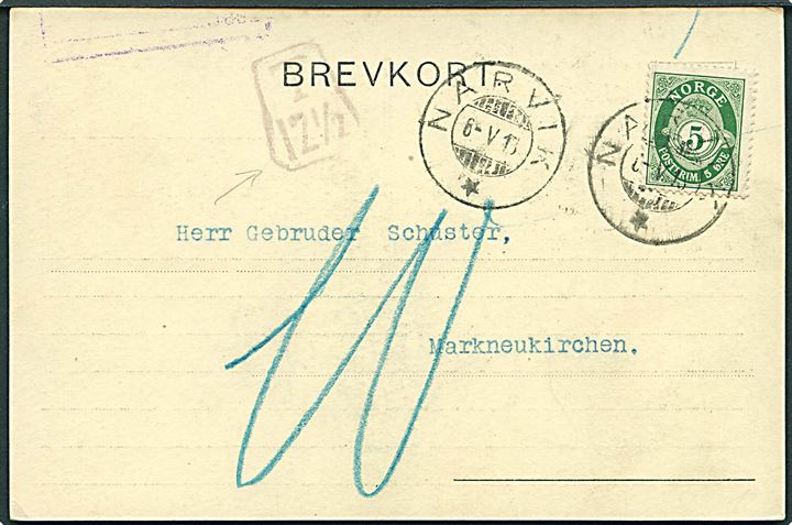 5 øre Posthorn på underfrankeret brevkort fra Narvik d. 6.5.1913 til Markneukirchen, Tyskland. Violet portostempel: T 12½ og udtakseret i 10 pfg. tysk porto.