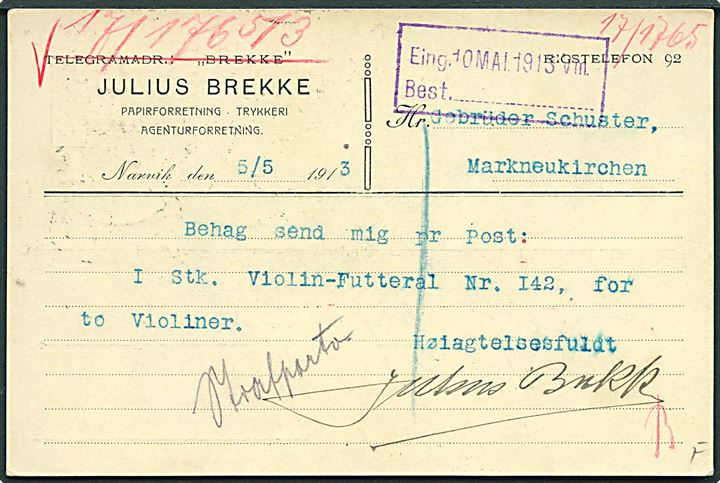5 øre Posthorn på underfrankeret brevkort fra Narvik d. 6.5.1913 til Markneukirchen, Tyskland. Violet portostempel: T 12½ og udtakseret i 10 pfg. tysk porto.