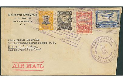 45 c. blandingsfrankeret luftpostbrev fra El Salvador d. 3.10.1936 til Basel, Schweiz.