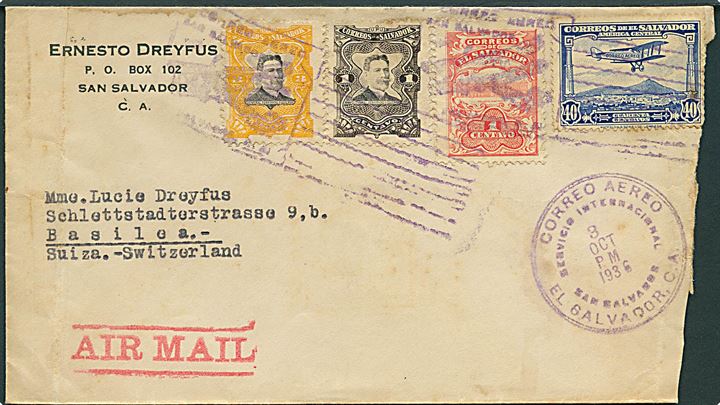 45 c. blandingsfrankeret luftpostbrev fra El Salvador d. 3.10.1936 til Basel, Schweiz.