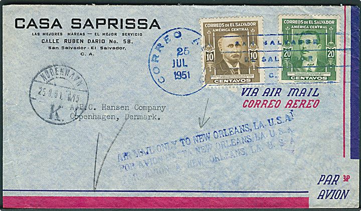 10 c. og 20 c. på luftpostbrev fra San Salvador d. 25.7.1951 til København, Danmark. 3-sproget stempel: Air Mail only to New Orleans, La., U.S.A.
