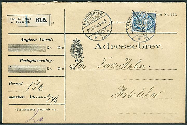 20 øre Våben med perfin G.S. på adressebrev for pakke fra firma Gammeltoft Schougaard i Kjøbenhavn d. 29.3.1904 til Holstebro.
