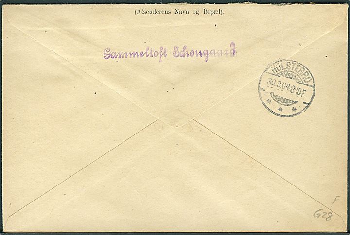 20 øre Våben med perfin G.S. på adressebrev for pakke fra firma Gammeltoft Schougaard i Kjøbenhavn d. 29.3.1904 til Holstebro.