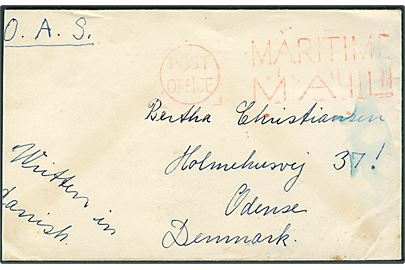 Ufrankeret britisk OAS brev med rødt skibsstempel Post Office / Maritime Mail fra dansk sømand ombord på M/S Robert Mærsk ca. 1945 til Odense, Danmark.