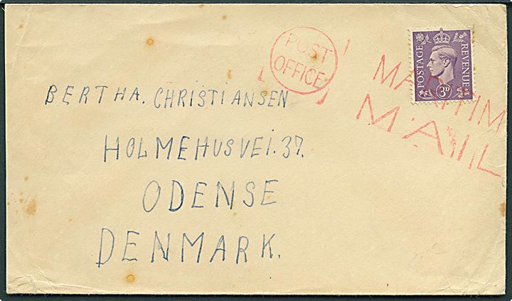 Engelsk 3d George VI annulleret med rødt skibsstempel Post Office / Martime Mail ca. 1945 fra sømand ombord på M/S Robert Mærsk i Liverpool, England til Odense, Danmark.