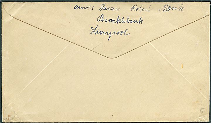 Engelsk 3d George VI annulleret med rødt skibsstempel Post Office / Martime Mail ca. 1945 fra sømand ombord på M/S Robert Mærsk i Liverpool, England til Odense, Danmark.