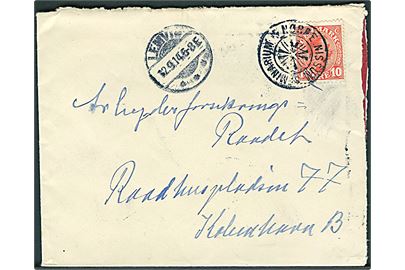 10 øre Chr. X på brev annulleret med stjernestempel NØRRE NISSUM SEMINARIUM og sidestemplet Lemvig d. 12.9.1914 til København.