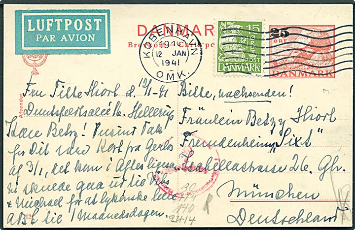 25/20 øre provisorisk helsagsbrevkort (fabr. 121) opfrankeret med 15 øre Karavel sendt som luftpost fra København d. 12.1.1941 til München, Tyskland. Tysk censur.