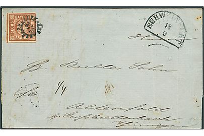 6 kr. single på brev annulleret med nr.stempel 479 og sidestemplet Schweinfurt d. 18.9.1859 via Eisenach og Grossbreitenbach til Altenfeld.