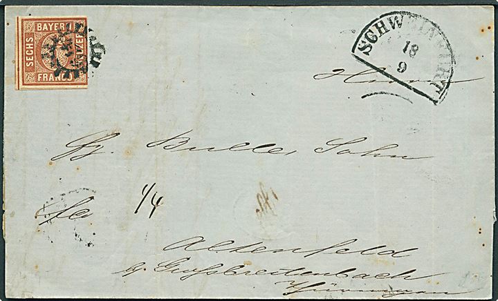 6 kr. single på brev annulleret med nr.stempel 479 og sidestemplet Schweinfurt d. 18.9.1859 via Eisenach og Grossbreitenbach til Altenfeld.