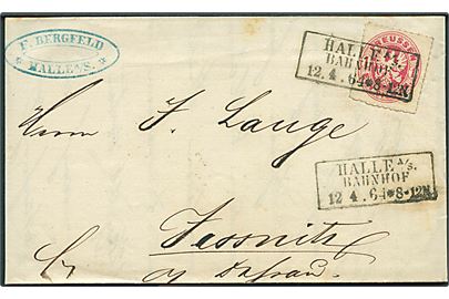 1 Sgr. stukken kant på brev annulleret med rammestempel Halle A/S Bahnhof d. 12.4.1864.