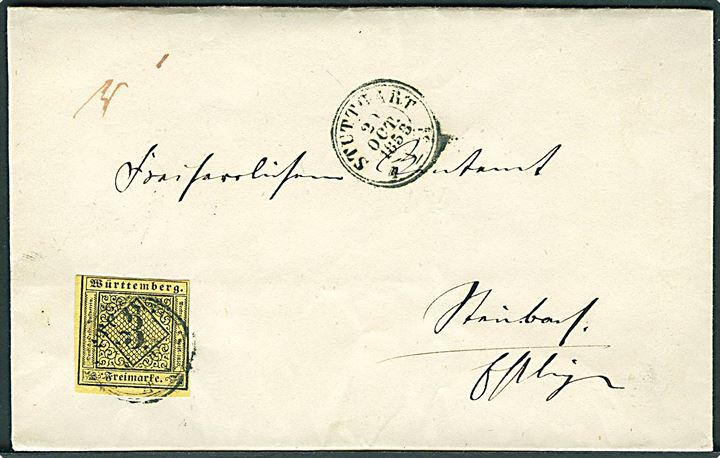 3 kr. single på brev fra Stuttgart d. 20.10.1853 til Plochingen.