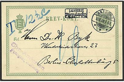 5 øre grøn Fr. VIII enkeltbrevkort fra Aalborg d. 10.12.1909 til Berlin, Tyskland. Sat i porto med 12½ centimes.
