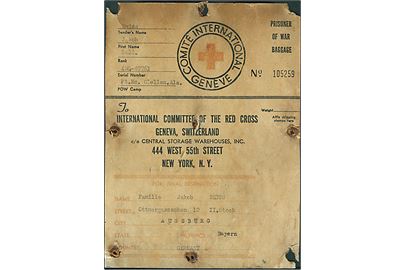 Prisoner of War Baggage. Fortrykt Røde Kors adresseseddel til krigsfangebaggage anvendt fra tysk krigsfange i Ft. McClellan, USA. Medtaget, men sjælden formular.