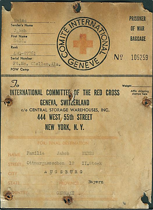Prisoner of War Baggage. Fortrykt Røde Kors adresseseddel til krigsfangebaggage anvendt fra tysk krigsfange i Ft. McClellan, USA. Medtaget, men sjælden formular.