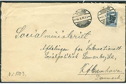 1½ mk./50 pen. provisorium på brev fra Helsingfors d. 14.2.1925 til Socialministeriet, Kjøbenhavn, Danmark. På bagsiden lukkeoblat: Valtioneuvosto / Statsrådet.
