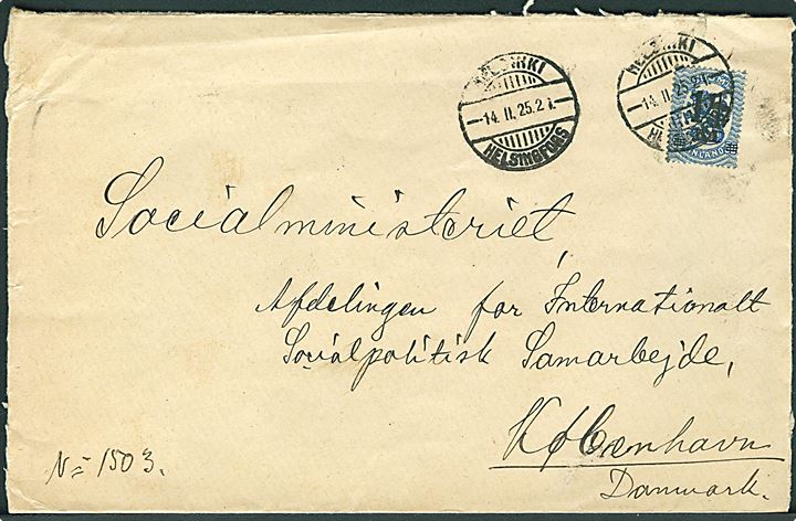 1½ mk./50 pen. provisorium på brev fra Helsingfors d. 14.2.1925 til Socialministeriet, Kjøbenhavn, Danmark. På bagsiden lukkeoblat: Valtioneuvosto / Statsrådet.
