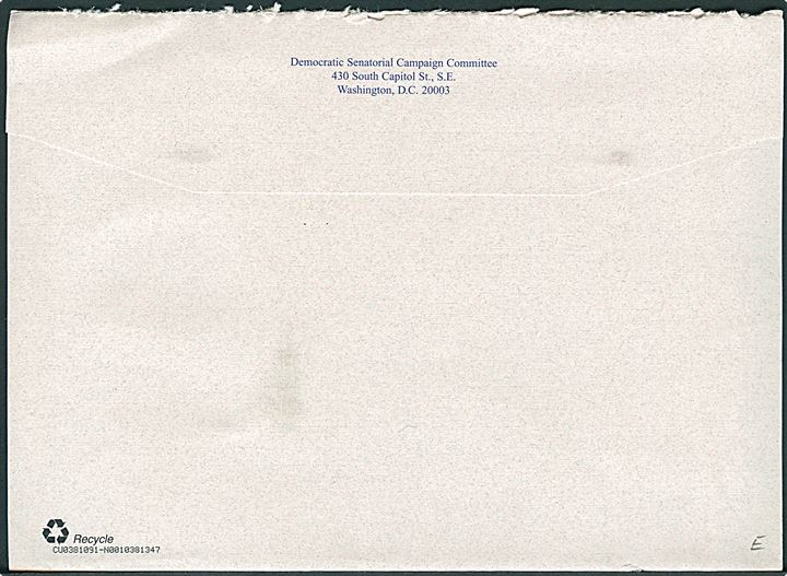 USA Nonprofit Org. 1998 mærke på fortrykt kuvert fra Hillary Rodham Clinton, Democratic Senatorial Campaign Committee, Waskington til Chevy Chase.