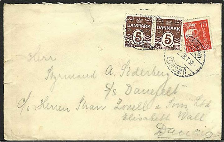 5 øre brun bølgelinie og 15 øre rød karavel på brev fra København d. 6.2.1928 til S/S Danefelt i Danzig, Tyskland. København / Korsør IIe bureaustempel.