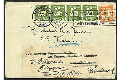 5 øre grøn og 10 øre orange H.C. Andersen på brev fra København d. 14.9.1936 til S/S Victoria i Dieppe, Frankrig.