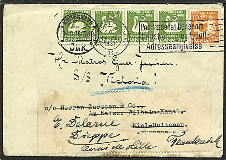 5 øre grøn og 10 øre orange H.C. Andersen på brev fra København d. 14.9.1936 til S/S Victoria i Dieppe, Frankrig.