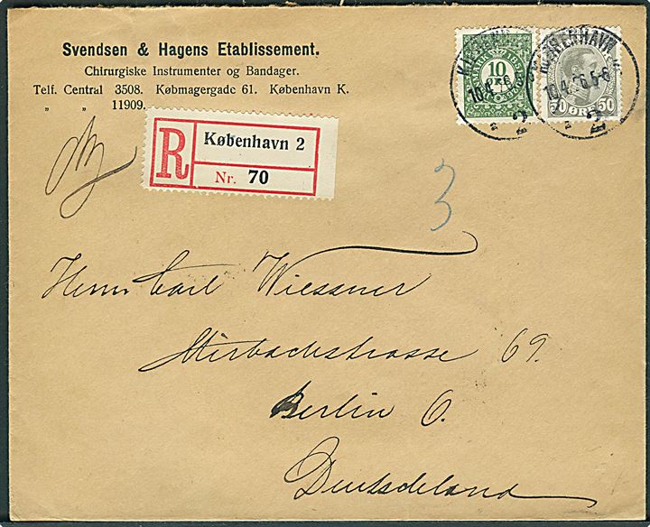 10 øre Frimærkejubilæum og 50 øre Chr. X på anbefalet brev fra Kjøbenhavn d. 10.4.1926 til Berlin, Tyskland.