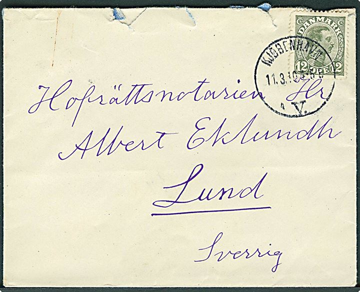 12 øre Chr. X single på brev fra Kjøbenhavn d. 11.3.1919 til Lund, Sverige. Rifter.