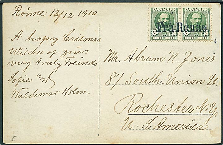 5 øre Fr. VIII i parstykke på brevkort fra Rønne d. 13.12.1910 annulleret med skibsstempel Fra Rønne til Rochester, USA.