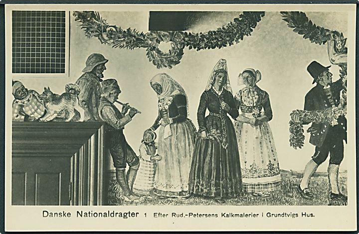 10 stk Danske Nationaldragter. Efter Rud. Petersens Kalkmalerier i Grundtvigs Hus. E. Rud. Petersens Boghandel 1-10. 