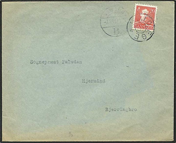 20 øre rød Chr. X på brev fra Hald Ege d. 7.9.1943 til Bjerringbro. Hald Ege stjernestempel.