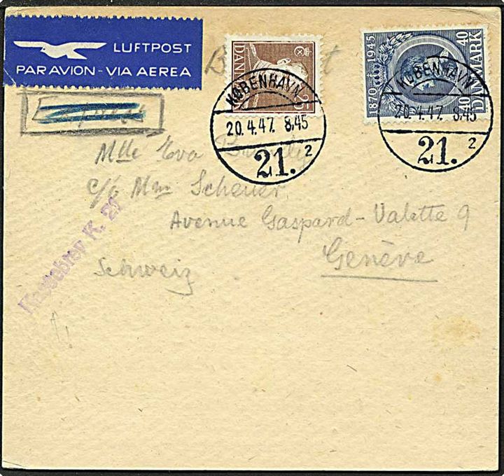 25 øre brun og 40 øre blå Chr. X på luftpost kartonkort fra København d. 20.4.1947 til Geneve, Schweiz.