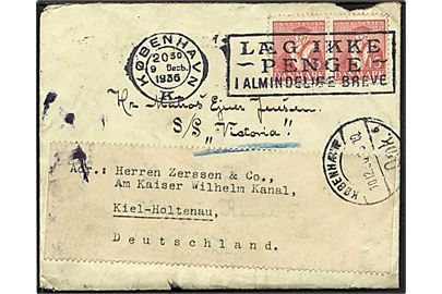 15 øre rød Hans Tavsen på brev fra København d. 9.12.1936 til S/S Victoria i Kiel, Tyskland.