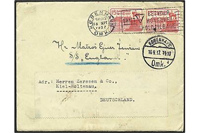 15 øre rød Chr. X på brev fra København d. 16.9.1937 til S/S England i Kiel, Tyskland.
