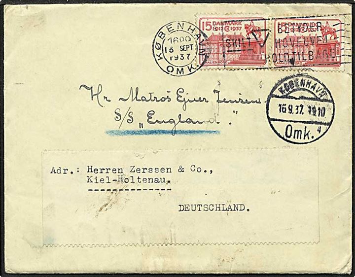 15 øre rød Chr. X på brev fra København d. 16.9.1937 til S/S England i Kiel, Tyskland.