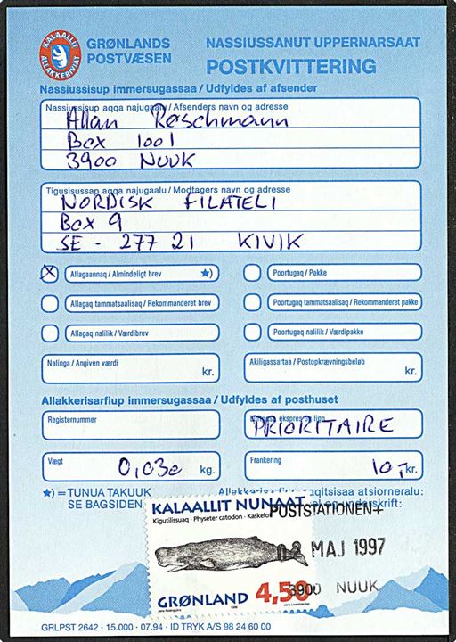 4,50 kr. matrød/flerfarvet kaskelot på postkvittering fra Nuuk d. 2.5.1997 til Kivik, Sverige.