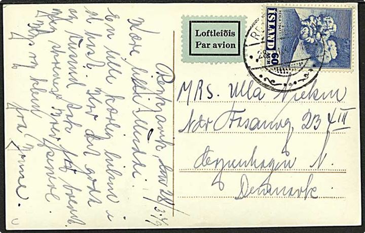 60 aur blå Hekla på luftpost postkort fra Reykjavik, Island, d. 28.3.1949 til København. Motiv fra Skagafirdi.