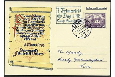 10 øre violet Ejby Kirke på lokalt sendt brevkort fra Odense d. 4.3.1945.