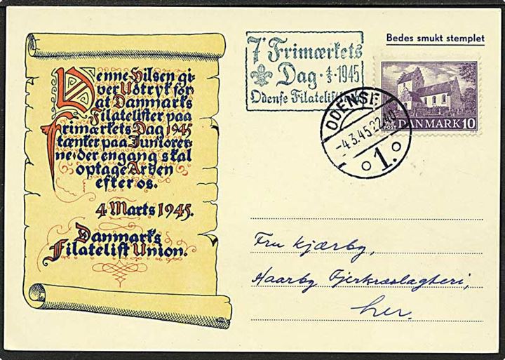 10 øre violet Ejby Kirke på lokalt sendt brevkort fra Odense d. 4.3.1945.