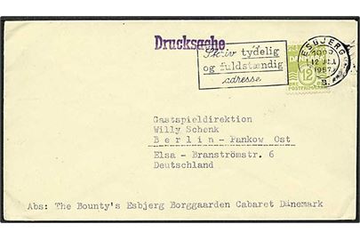 12 øre lysegrøn bølgelinie singelfrankatur på tryksag fra Esbjerg d. 12.7.1957 til Berlin, Tyskland.