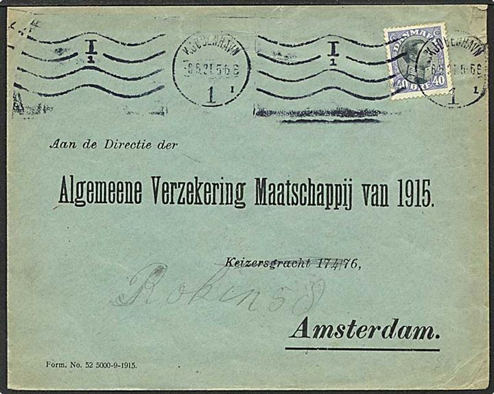 40 øre blålilla/sort Chr. X singelfrankatur på brev fra København d. 6.5.1921 til Amsterdam, Holland.