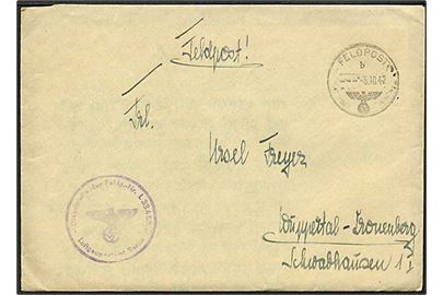 Tysk feltpost i Norge. Ufrankeret feltpostbrev med indhold dateret Norwegen og stemplet FELDPOST 5.10.1942 til Tyskland. Fra soldat ved feldpost-nr. L33453 (= 9. Komp. Luftnachrichten-Regiment 5). Flot briefstempel.
