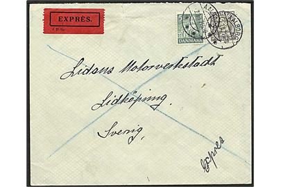 5 øre grøn Hans Tavsen og 50 øre grå Chr. X på expres brev fra Aalborg d. 2.1.1937 til Lidkøping, Sverige.