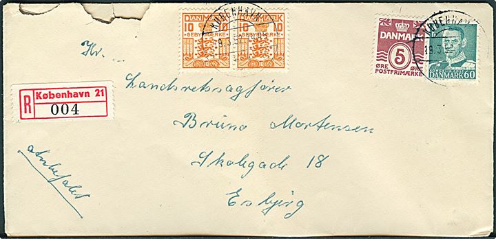 5 øre Bølgelinie, 60 øre Fr. IX og 10 øre Gebyrmærke i parstykke på anbefalet brev fra København 21 d. 19.3.1952 til Esbjerg.