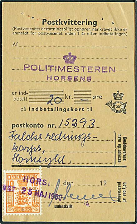 10 øre Gebyrmærke annulleret med kontorstempel Horsens d. 25.5.1960 på kvittering for indbetalingskort.