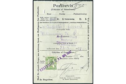 5 øre Gebyrmærke annulleret med liniestempel København 2 d. 23.3.1937 på Postbevis F. Form Nr. 1 (1/1 27). Rift i bunden.