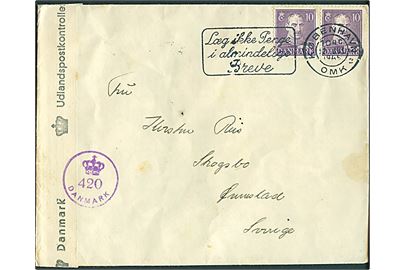10 øre Chr. X i parstykke på brev fra København d. 12.7.1945 til Skogsbo, Sverige. Åbnet af dansk efterkrigscensur (krone)/420/Danmark.