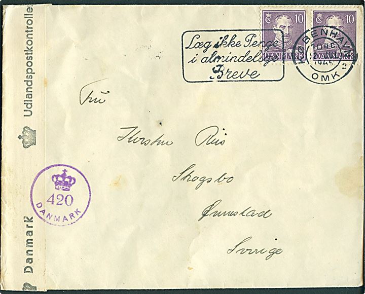 10 øre Chr. X i parstykke på brev fra København d. 12.7.1945 til Skogsbo, Sverige. Åbnet af dansk efterkrigscensur (krone)/420/Danmark.