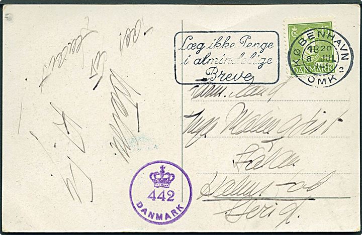 15 øre Chr. X på brevkort fra København d. 8.7.1945 til Halmstad, Sverige. Dansk efterkrigscensur (krone)/442/Danmark.